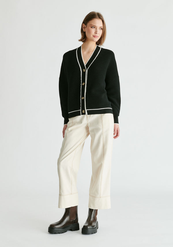 Ribbed Cardigan with Contrast Trim